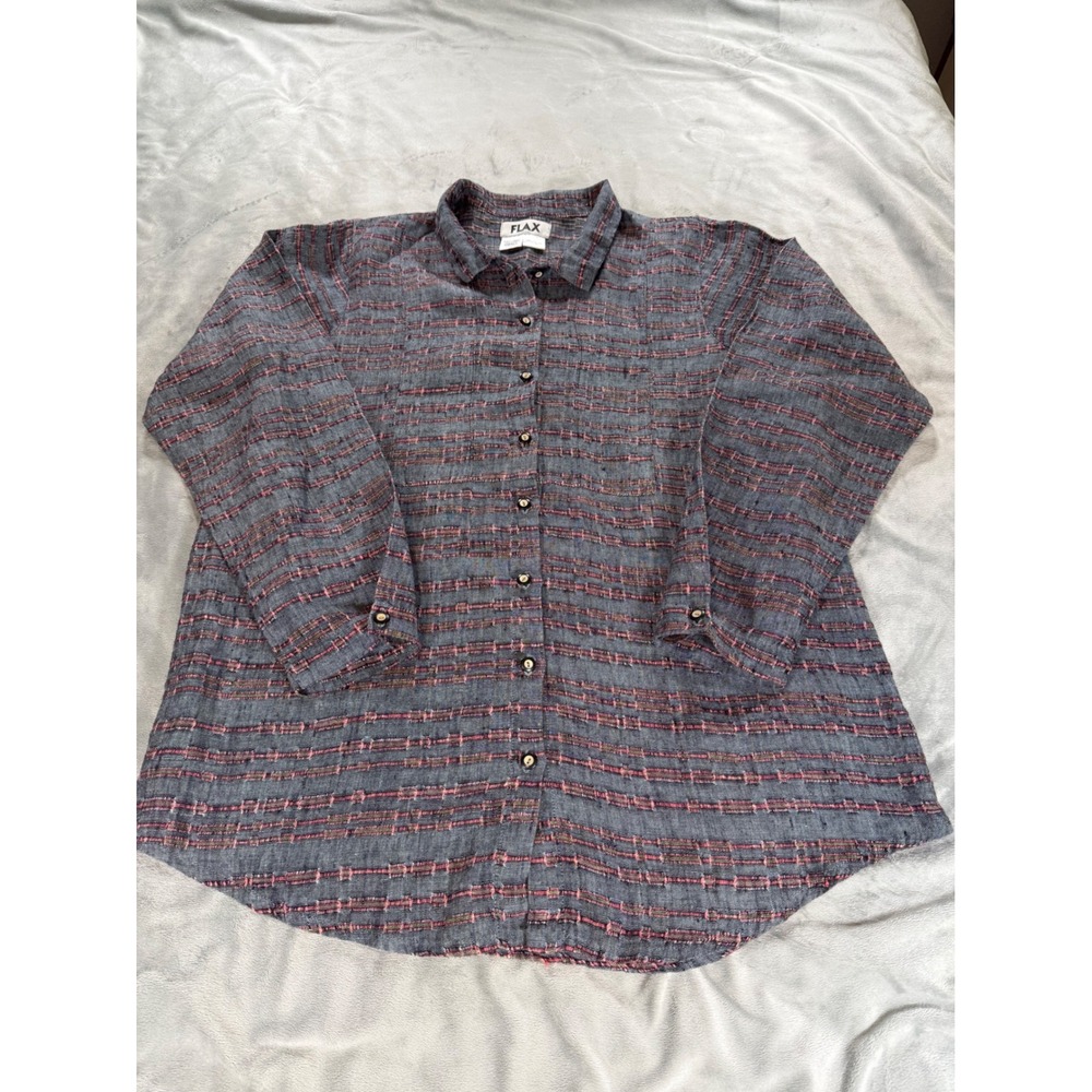 FLAX by Jeanne Englehart LINEN Shacket Jacket Top Grey Red Stripe‎ Lagenlook Sm
